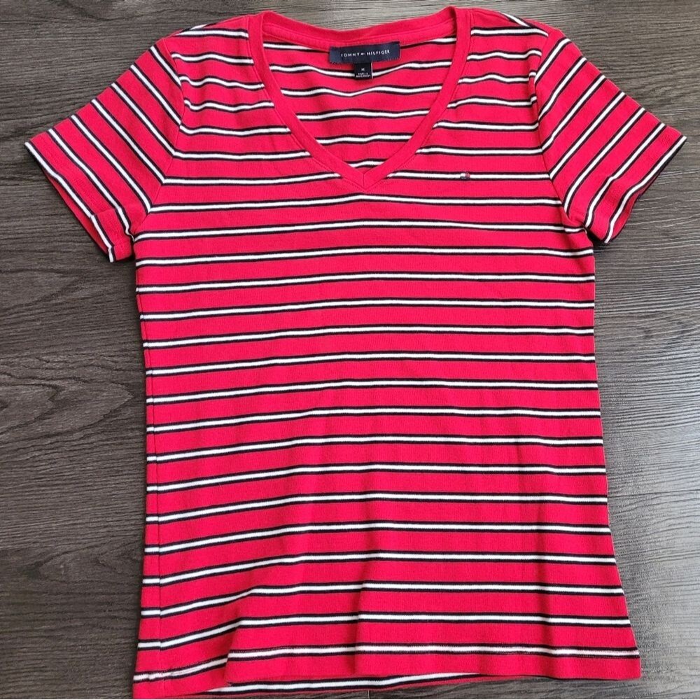 Tommy Hilfiger Red Striped Short Sleeve Tee Y2K Retro Sz M Preppy Blokette